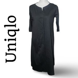 UNIQLO Split Neck Mercerized Cotton Half-Sleeve A-Line Dress, Black, Size Small